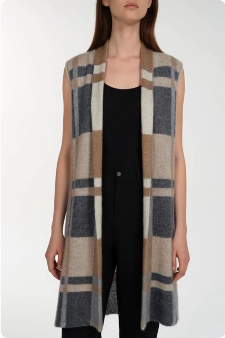 Women's 1775 Long Plaid Vest Cardigan Size M Open Front Sleeveless Tan Blue EXC